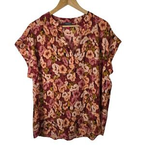 Vince Camuto XL Floral Print Split Neck‎ Blouse Womens Top Casual